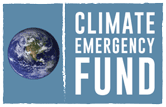 A blue banner with the words climate emergency fund in front of an earth.