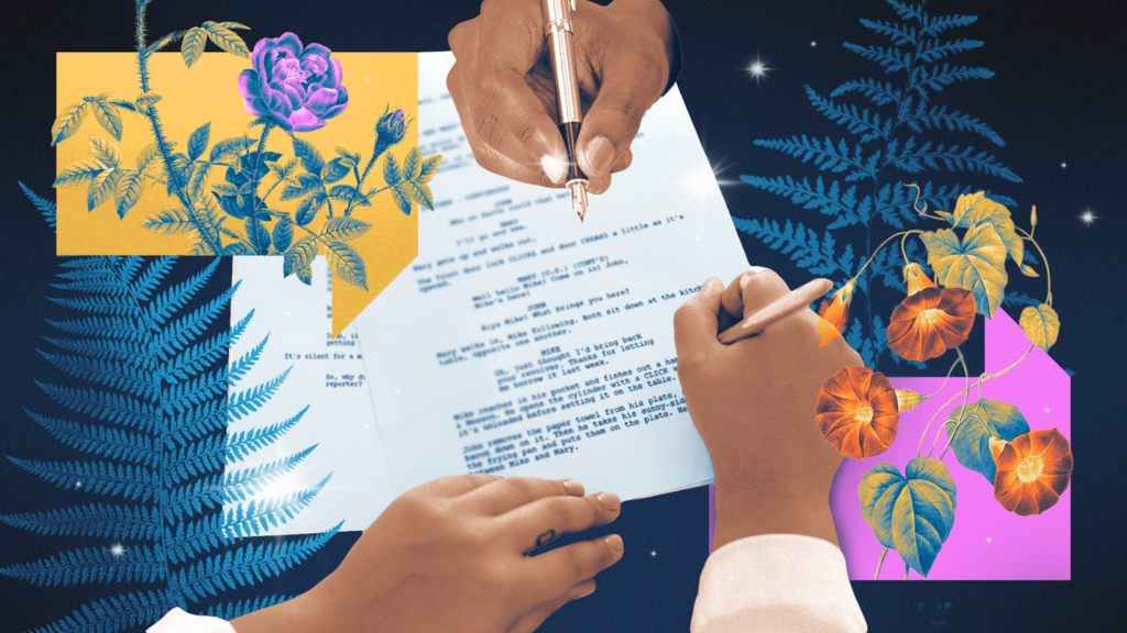 A person writing on paper with two hands holding pens.