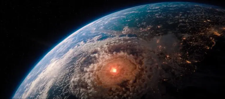 A view of the earth from space with a sun setting.